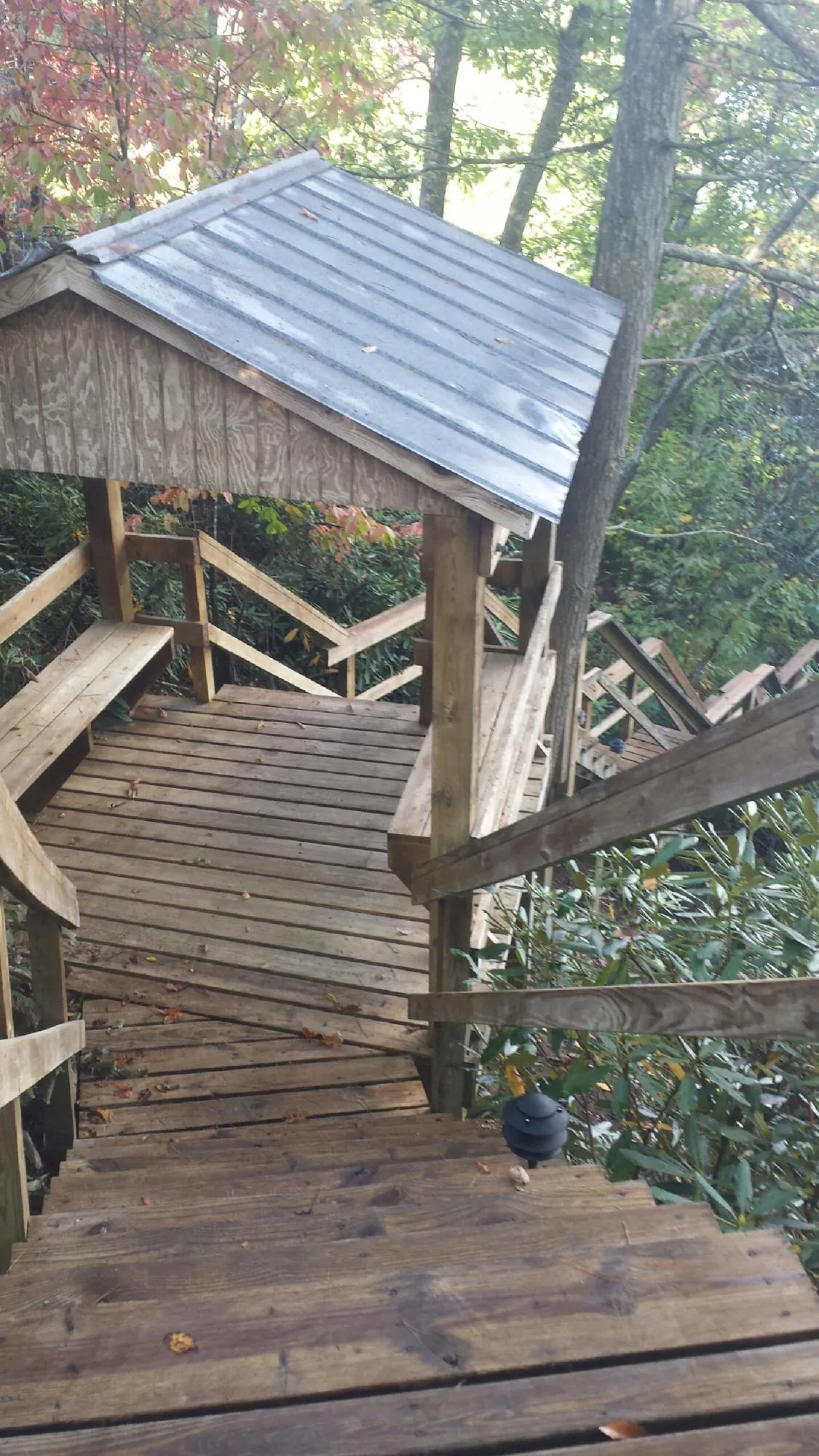 Metal roofed shelter over wooden steps on a wooded walkway — Skylight Repair & Installation work by our crew in Lake Elmo